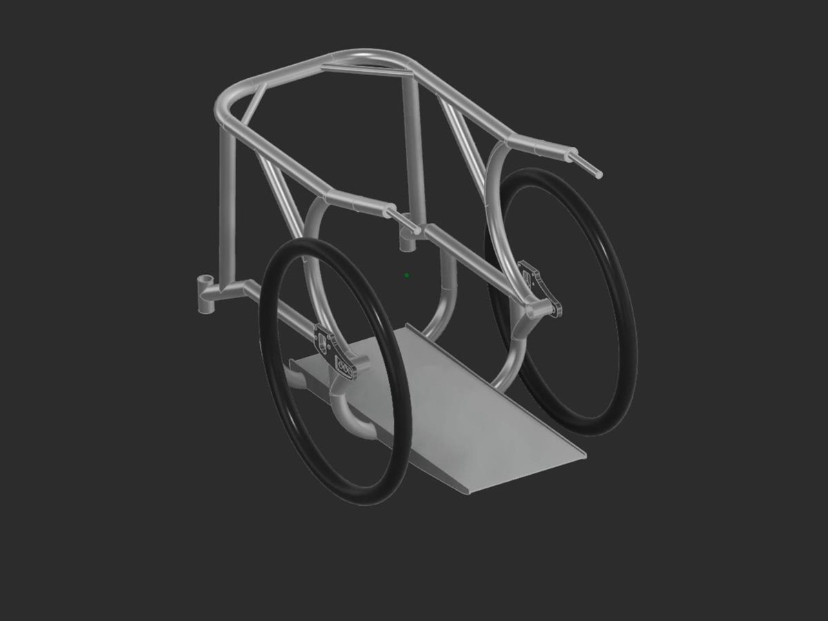 CAD render of a mono ski cart, seen from the front corner